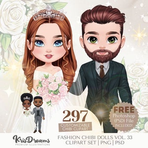 Hochzeitstag ClipArt | Braut und Bräutigam Chibi im anpassbaren Haar und Outfits | Png- und Psd-Dateien für Digital- und Sublimationsdesigns