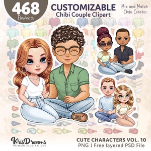 Customizable Chibi Couple Clipart Bundle PNG | PSD Digital Character Creator | Cute Love Couple Illustration Mix and Match People Set DIY