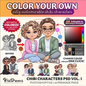 Chibi Großeltern Clipart | Sitzender älterer Paar Porträt Schöpfer | Anpassbare Puppen PNG | Personalisiertes Familienporträt | PSD Grafiken