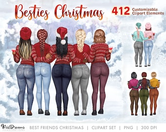 May include: Four women wearing red and white sweaters and jeans are standing together with their arms around each other. They are holding red cups and smiling. The background is a snowy winter scene. The text "Besties Christmas 412" is at the top of the image.