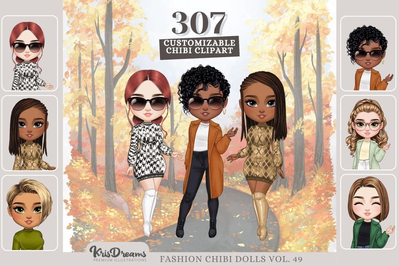 Cozy Autumn Chibi Clipart, Fall Fashion Best Friends Customizable Pngs ...