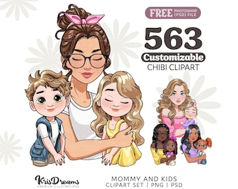 Create Your Own Mother and Child Portrait | Mother's Day Clipart Bundle | Customizable Hair and Outfits Png and Psd Graphics