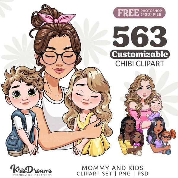 Cree su propio retrato de madre e hijo / Paquete de imágenes prediseñadas del Día de la Madre / Cabello y atuendos personalizables Gráficos Png y Psd