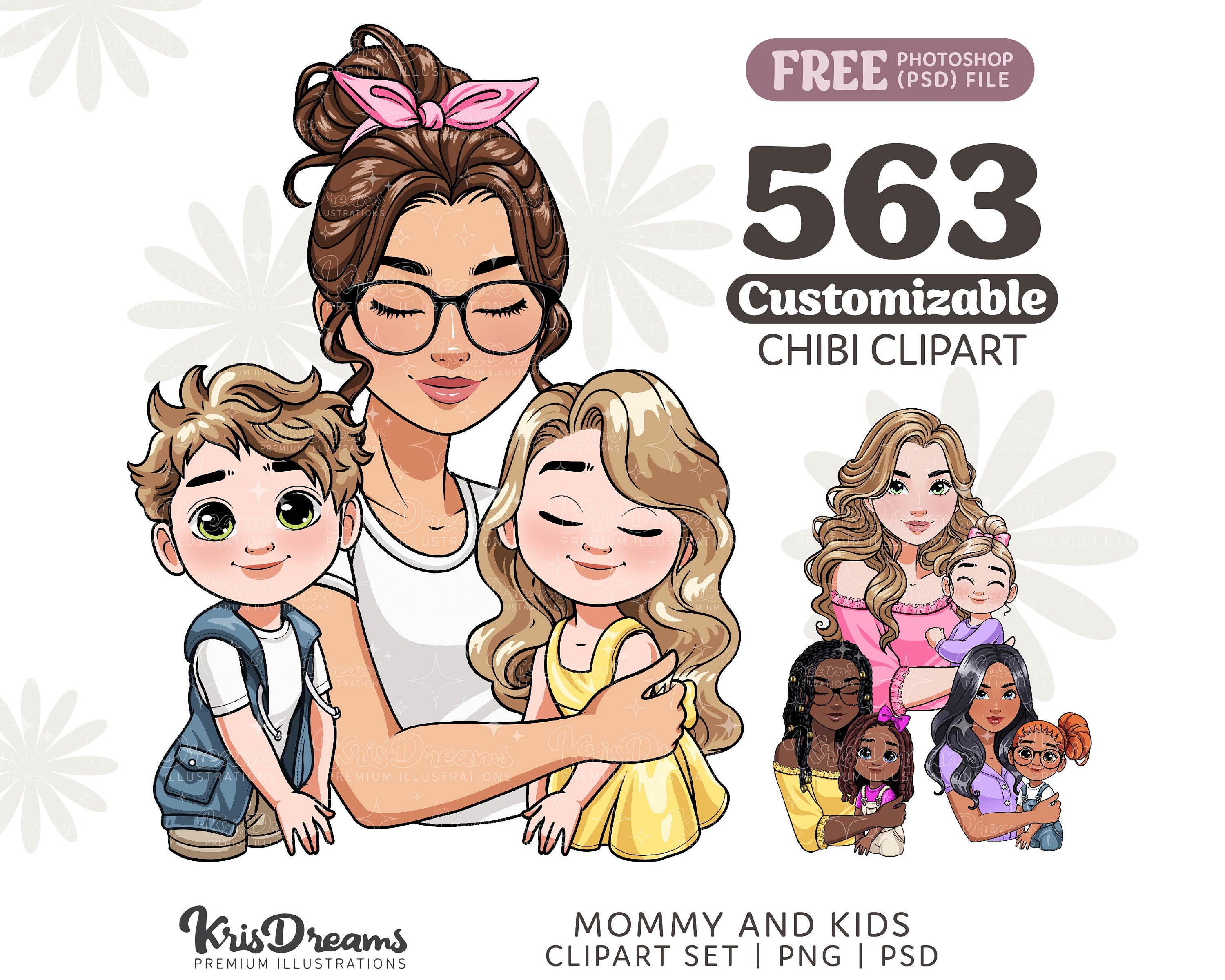 Create Your Own Mother and Child Portrait | Mother's Day Clipart Bundle | Customizable Hair and Outfits Png and Psd Graphics