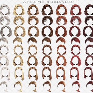 May include: 72 different hairstyles in 8 styles and 9 colours. The hairstyles are illustrated as black, brown, blonde, red, silver, and gold.