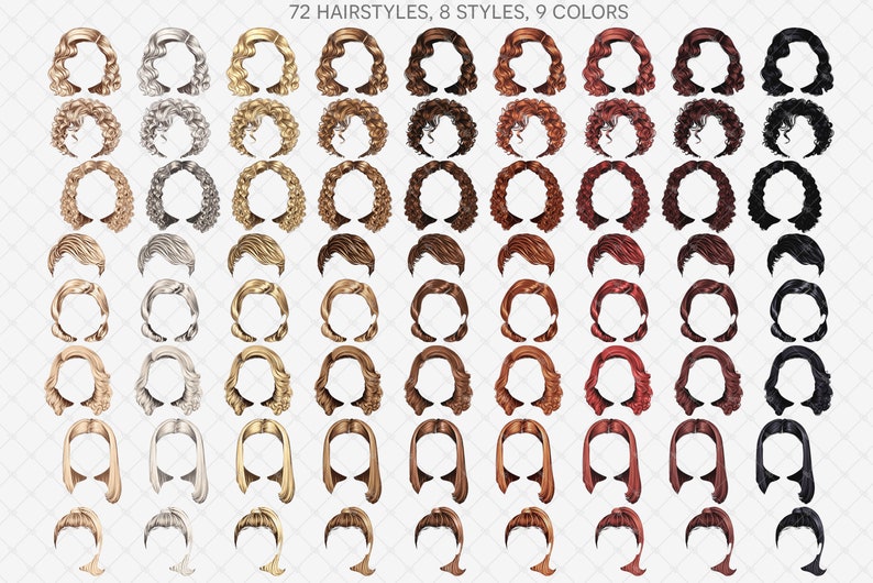 May include: 72 different hairstyles in 8 styles and 9 colours. The hairstyles are illustrated as black, brown, blonde, red, silver, and gold.