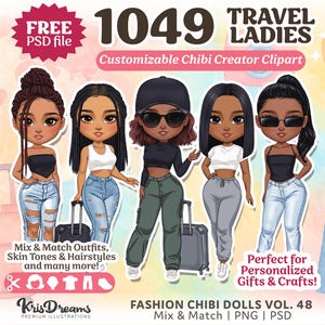 Chibi Best Friends Clipart Girls Trip Travel Customizable Characters with Outfits Hairstyles for Sublimation Stickers and Crafts