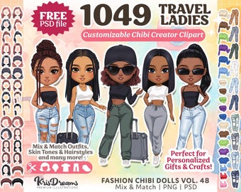 Chibi Best Friends Clipart Girls Trip Travel Customizable Characters with Outfits Hairstyles for Sublimation Stickers and Crafts