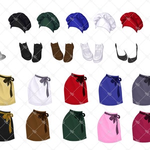 May include: An assortment of culinary-themed illustrations, including chef hats in various colors like black, green, blue, white, and red. Also shown are aprons, shoes, and cooking utensils. The aprons come in multiple colors, such as yellow, white, red, and blue.