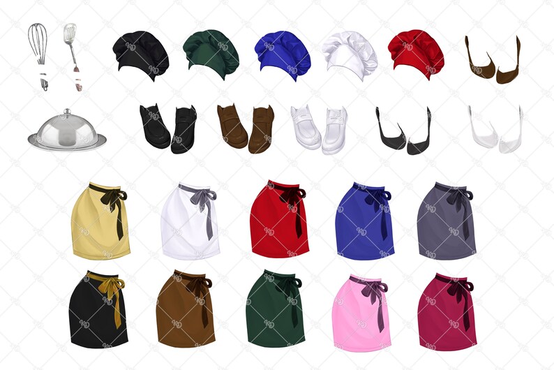 May include: An assortment of culinary-themed illustrations, including chef hats in various colors like black, green, blue, white, and red. Also shown are aprons, shoes, and cooking utensils. The aprons come in multiple colors, such as yellow, white, red, and blue.