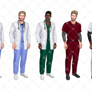 K&ouml;nnte beinhalten: F&uuml;nf Personen tragen verschiedene medizinische Scrubs. Zwei tragen wei&szlig;e Kittel mit blauen Scrubs darunter. Einer tr&auml;gt einen wei&szlig;en Kittel mit gr&uuml;nen Scrubs darunter. Einer tr&auml;gt rote Scrubs und einer tr&auml;gt wei&szlig;e Scrubs.