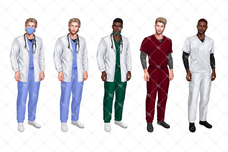 K&ouml;nnte beinhalten: F&uuml;nf Personen tragen verschiedene medizinische Scrubs. Zwei tragen wei&szlig;e Kittel mit blauen Scrubs darunter. Einer tr&auml;gt einen wei&szlig;en Kittel mit gr&uuml;nen Scrubs darunter. Einer tr&auml;gt rote Scrubs und einer tr&auml;gt wei&szlig;e Scrubs.