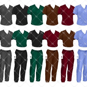 K&ouml;nnte beinhalten: Ein Set aus 10 verschiedenen farbigen Scrubs mit Oberteilen und passenden Hosen. Die Oberteile haben einen V-Ausschnitt und kurze &Auml;rmel. Die Hosen haben einen Kordelzugbund und Cargotaschen.