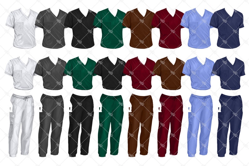 K&ouml;nnte beinhalten: Ein Set aus 10 verschiedenen farbigen Scrubs mit Oberteilen und passenden Hosen. Die Oberteile haben einen V-Ausschnitt und kurze &Auml;rmel. Die Hosen haben einen Kordelzugbund und Cargotaschen.