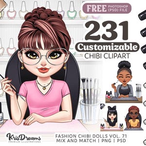 Nail Salon Chibi Clipart - Customizable Nail Art Ladies, Businesswoman, Mix and Match Hairstyles - DIY and POD - png and PSD Files