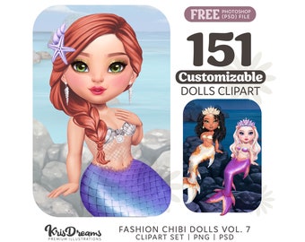 Mermaid Chibi Clipart | Fantasy Princess Customizable Graphics for PNG and PSD files | Birthday Summer Beach Digital Download