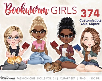 Chibi Girls Reading Clipart | Bookworm Best Friends Sitting | Book and Coffee Lover Sisters  | Customizable Hair and Fashion Illustrations