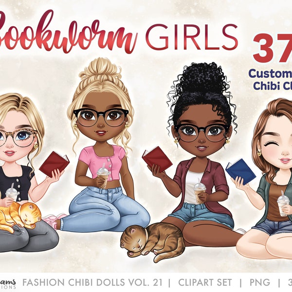 Chibi Girls Reading Clipart | Bookworm Best Friends Sitting | Book and Coffee Lover Sisters  | Customizable Hair and Fashion Illustrations