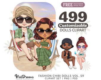 Couple Clipart, Best Friends Chibi Drinking Cocktails on a Beach, Customizable Men and Girls Summer Vacation Png and Psd Graphics Scrap book