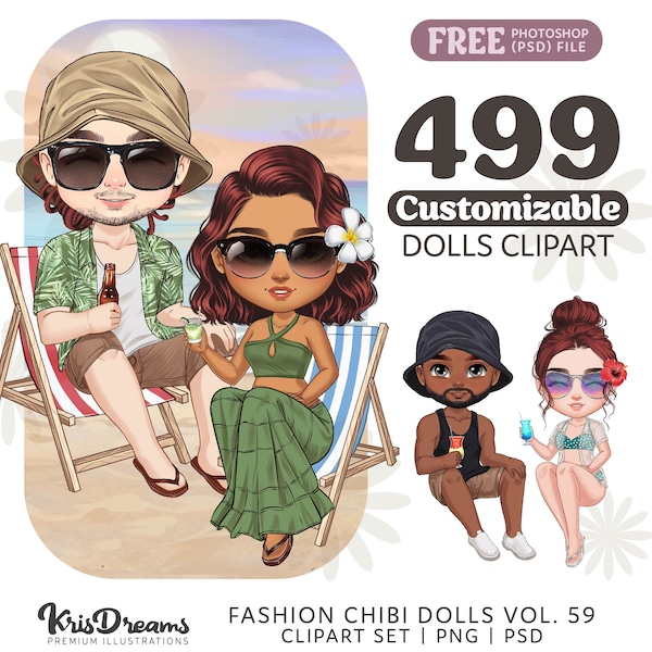 Couple Clipart, Best Friends Chibi Drinking Cocktails on a Beach, Customizable Men and Girls Summer Vacation Png and Psd Graphics Scrap book