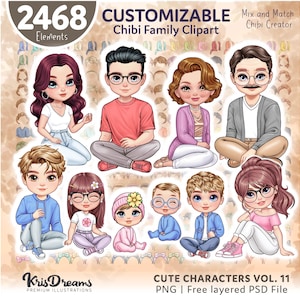 Chibi Family Clipart Bundle - Customizable Back View Kids, Baby and Parents PNG - Cute Chibi Characters for Sublimation and Digital Projects