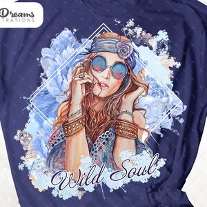 May include: A watercolor illustration of a woman with long brown hair wearing a headband and sunglasses. She is surrounded by blue flowers and the text "Wild Soul".