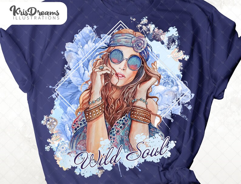 May include: A watercolor illustration of a woman with long brown hair wearing a headband and sunglasses. She is surrounded by blue flowers and the text "Wild Soul".