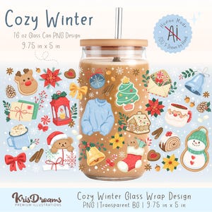 以下が含まれることがあります： 木製の蓋とストローが付いたガラス製のタンブラーで、「Cozy Winter」のデザインが施されています。デザインには、ジンジャーブレッドクッキー、クリスマスツリー、セーター、その他の冬をテーマにした要素のイラストが含まれています。タンブラーのサイズは24.77 cm x 12.7 cmです。