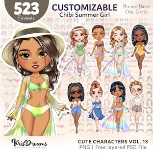 Chibi Customizable Character Creator Kit - Summer Girl, PSD & PNG | Cartoon Woman Travel Beach DIY Personalised Portrait