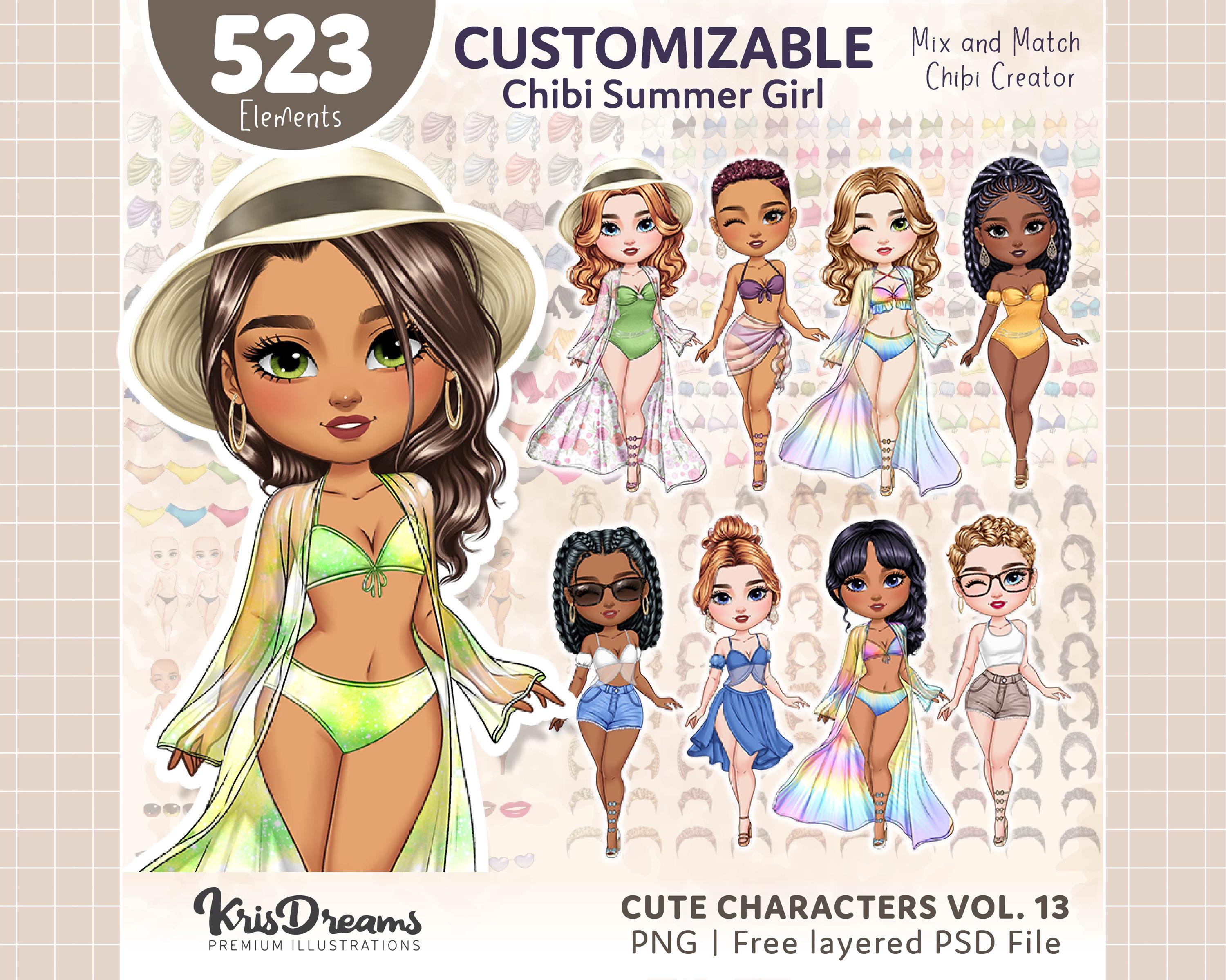 Clipart di Chibi Summer Girl - 523 PNG / Creatore di personaggi personalizzabili, set di moda per le vacanze al mare, clipart fai da te per regali personalizzati