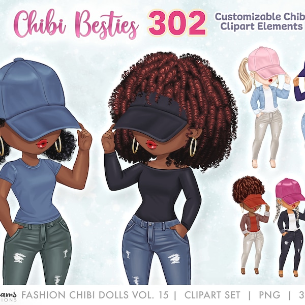 Chibi Best Friends Clipart | Cute Chibi Souls Sisters Wearing Cap | Customizable Hair and Outfit Illustrations