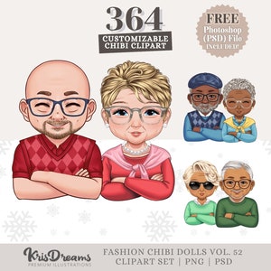 Chibi Customizable Old Couple Grandparents Clipart Set - Mix and Match Cute Graphics for Personalization - PNG and PSD Formats