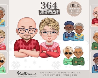 Chibi Customizable Old Couple Grandparents Clipart Set - Mix and Match Cute Graphics for Personalization - PNG and PSD Formats