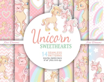 Unicorn Pattern Unicorn Digital Paper Seamless Pattern Heart Pattern Rainbow Background Unicorn Lover Pastel Background Planner Sticker