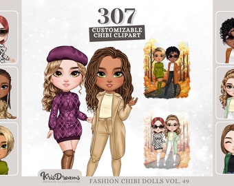 Cozy Autumn Chibi Clipart, Fall Fashion Best Friends Customizable PNGs, Clipart Bundle for Sublimation and HTV Designs by KrisDreams