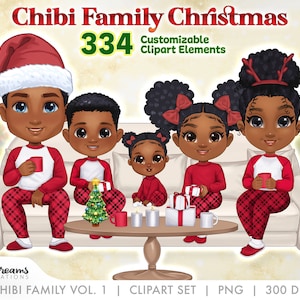 Christmas Family Chibi clipart, Chibi Children png, Mom Dad Kids Baby Pajama Customizable Design in PSD and png