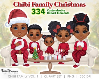 Christmas Family Chibi clipart, Chibi Children png, Mom Dad Kids Baby Pajama Customizable Design in PSD and png