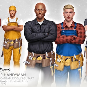 Handyman Clipart, Dad Bod png, Male Plumber Services png, Carpenter, Electrician, Contractor, Blue Collar Illustrations, Customizable Dolls