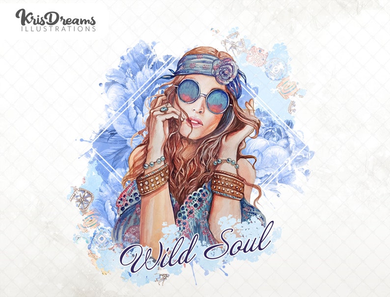 May include: A watercolor illustration of a woman with long, curly hair wearing round sunglasses, a blue bandana, and multiple bracelets. She is surrounded by blue flowers and the text "Wild Soul".