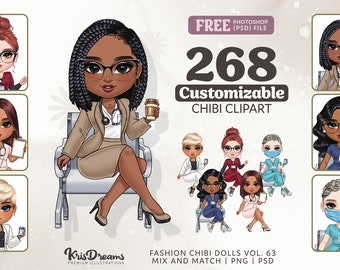 Chibi Nurse Customizable Clipart: Health Care Medical Scrubs PNG Bundle for Personalized Gifts - Ideal for Sublimation and Commercial Use