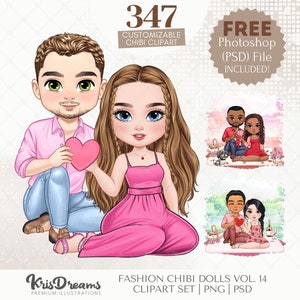 Valentine's Day Couple Clipart Customizable Chibi Digital Paper Doll PNG PSD, Mix and Match Characters for Sublimation and DIY Crafts