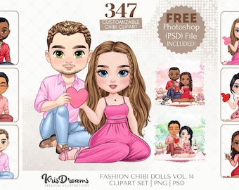 Valentine's Day Couple Clipart Set, Chibi Dinner Date, Customizable Digital Paper Doll png and psd for Sublimation