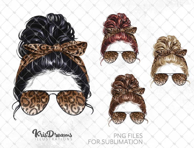 May include: Four digital illustrations of women with different hair colors wearing leopard print sunglasses and headbands. The women have messy buns and are facing forward. The background is white.