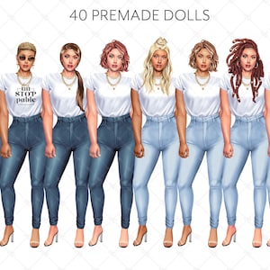 May include: Eight digital illustrations of women wearing white t-shirts and blue jeans. The women have different hairstyles and skin tones. One shirt has the text "But Stoppable" on it.
