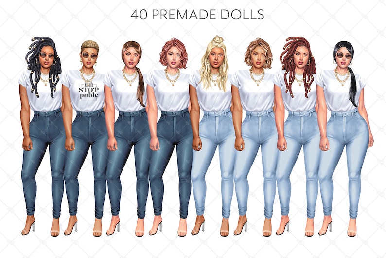 May include: Eight digital illustrations of women wearing white t-shirts and blue jeans. The women have different hairstyles and skin tones. One shirt has the text "But Stoppable" on it.