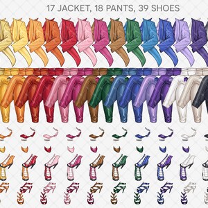 May include: A set of 17 jackets, 18 trousers, and 39 shoes in a range of colours. The jackets are all long-sleeved and have a lapel collar. The trousers are all long and have a straight leg. The shoes are all high-heeled and come in a variety of styles.