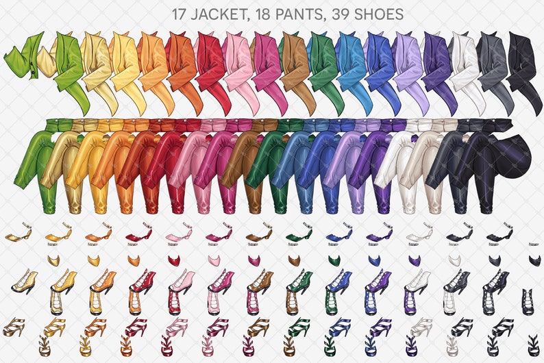May include: A set of 17 jackets, 18 trousers, and 39 shoes in a range of colours. The jackets are all long-sleeved and have a lapel collar. The trousers are all long and have a straight leg. The shoes are all high-heeled and come in a variety of styles.