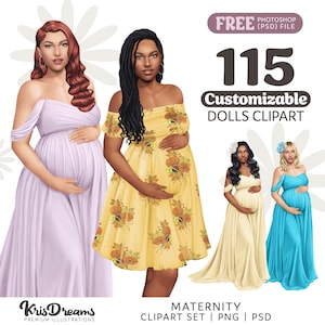 Clipart de mãe grávida, png de maternidade de mulher negra, clipart de chá de bebê, clipart de moda menina, clipart personalizável