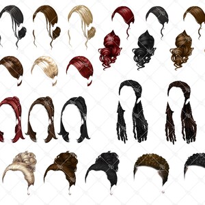 May include: A collection of various digitally illustrated hairstyles in shades of black, brown, blonde, and red. The hairstyles include short bobs, long flowing locks, and braided styles. Each style is presented as a separate graphic element.