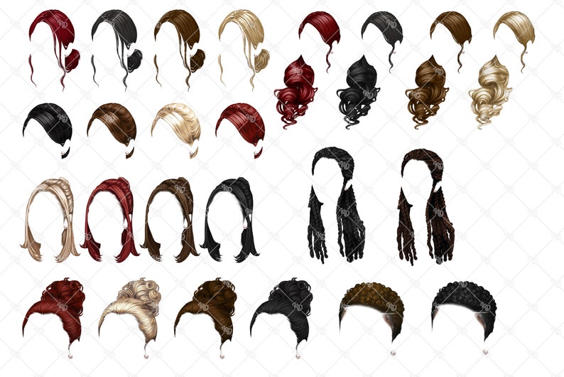 May include: A collection of various digitally illustrated hairstyles in shades of black, brown, blonde, and red. The hairstyles include short bobs, long flowing locks, and braided styles. Each style is presented as a separate graphic element.
